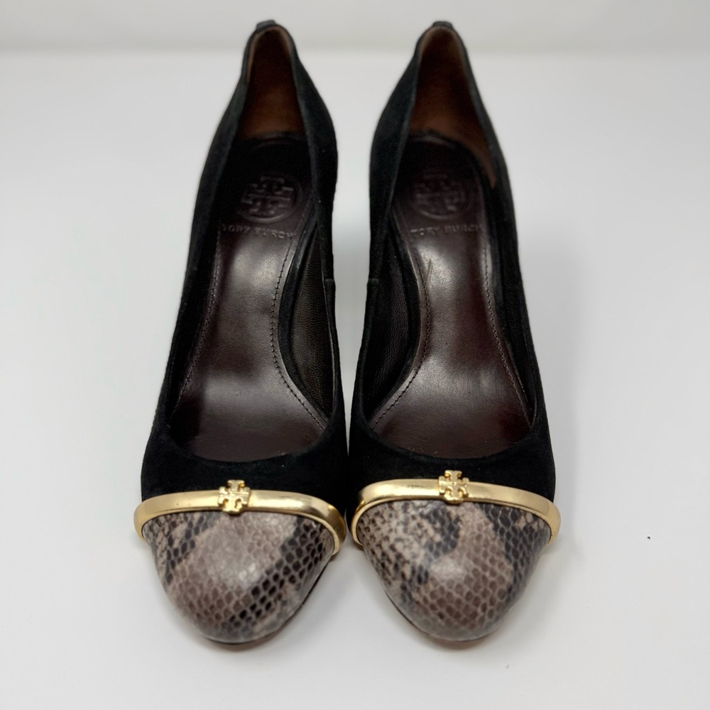 Tory Burch Pacey Cap-Toe Pumps - Black/Beige Block Heel - Office Siren Chic 6